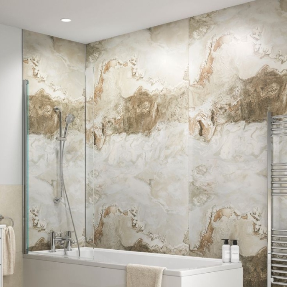 Lifestyle image of the Showerwall Laminate Mocha 2440mm x 1200mm Square Cut MDF Wall Panel - SW88 with bathtub and wall-mounted riser rail shower kit